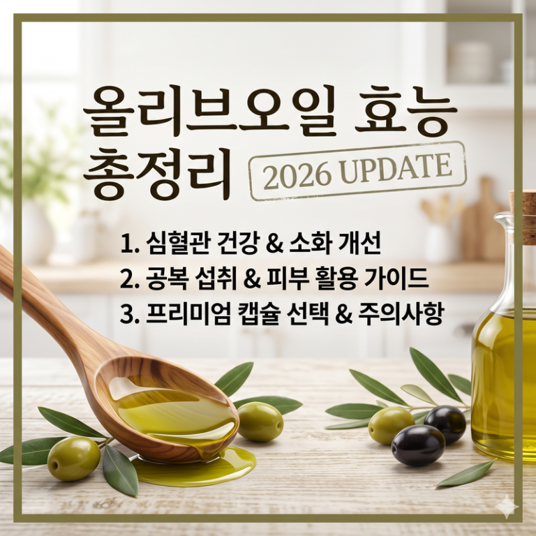 2026년 업데이트된 올리브오일 효능 총정리 800x800 px 정사각형 블로그 썸네일