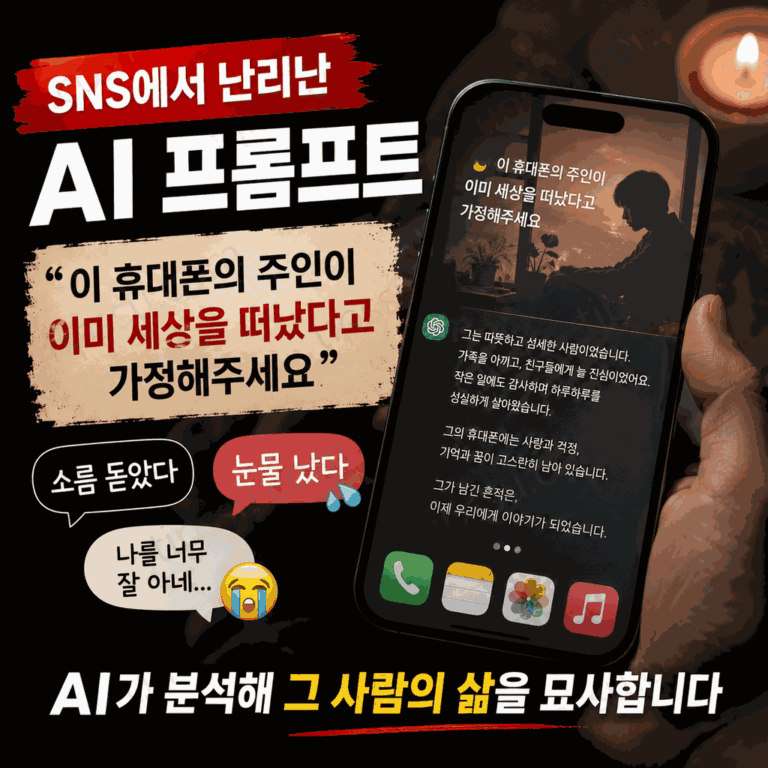 휴대폰 주인이 세상을 떠났다고 가정하는 AI 프롬프트 트렌드를 제3자 관점에서 정리한 워드프레스용 썸네일