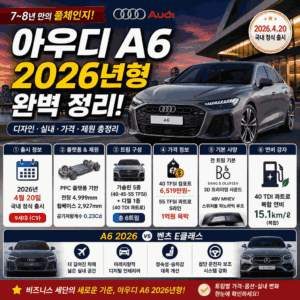아우디 A6 풀체인지 2026 총정리 | 9세대 4월 출시·6,519만원~·트림별 가격·40 TFSI·55 TFSI 367마력·E클래스 비교까지 아우디 A6 풀체인지 2026